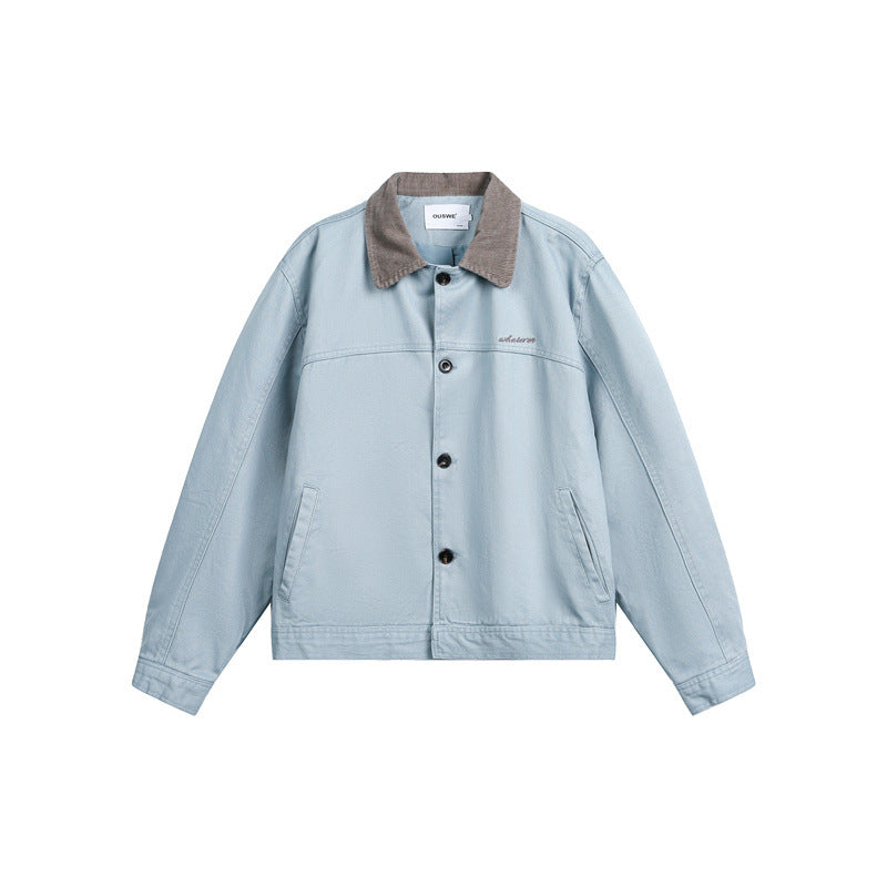 Unisex Short Cut Boxy Denim Jacket with Corduroy Collar and Side Pockets Mune Fashion