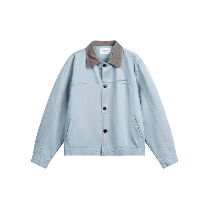 Unisex Short Cut Boxy Denim Jacket with Corduroy Collar and Side Pockets Mune Fashion