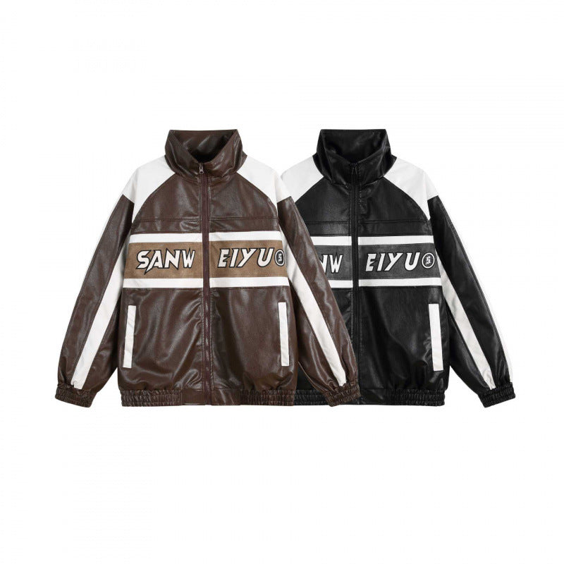 Unisex Retro-inspired Faux Leather Bomber Jacket with Stand-up Collar, Contrast Stripes and Letter Patch Mune Fashion
