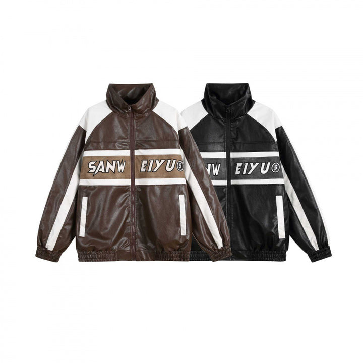 Unisex Retro-inspired Faux Leather Bomber Jacket with Stand-up Collar, Contrast Stripes and Letter Patch Mune Fashion