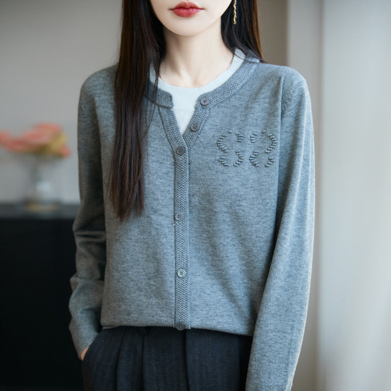 Women's Short Fine Knit Cardigan with V-slit Collar, Ribbed Trim and Subtle Structured Logo Mune Fashion