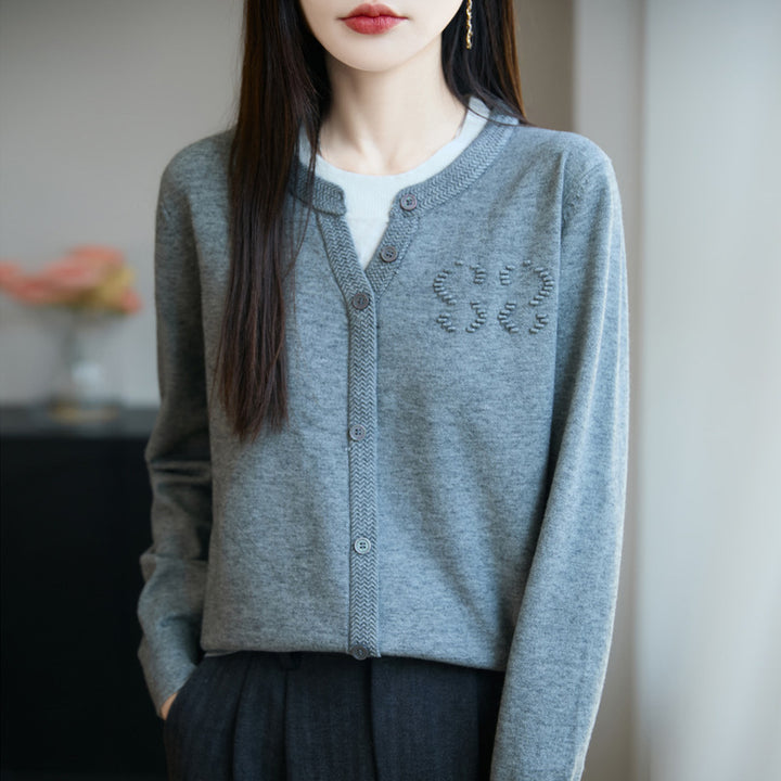 Women's Short Fine Knit Cardigan with V-slit Collar, Ribbed Trim and Subtle Structured Logo Mune Fashion