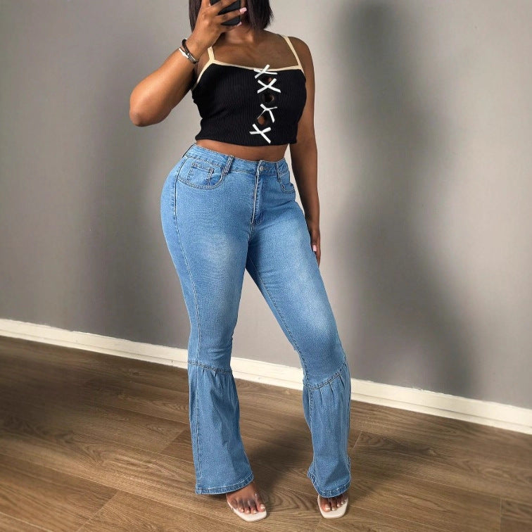 Women's High-Waisted Denim Jeans with Tiered Flounce-Flares and Sculpting Cut Mune Fashion