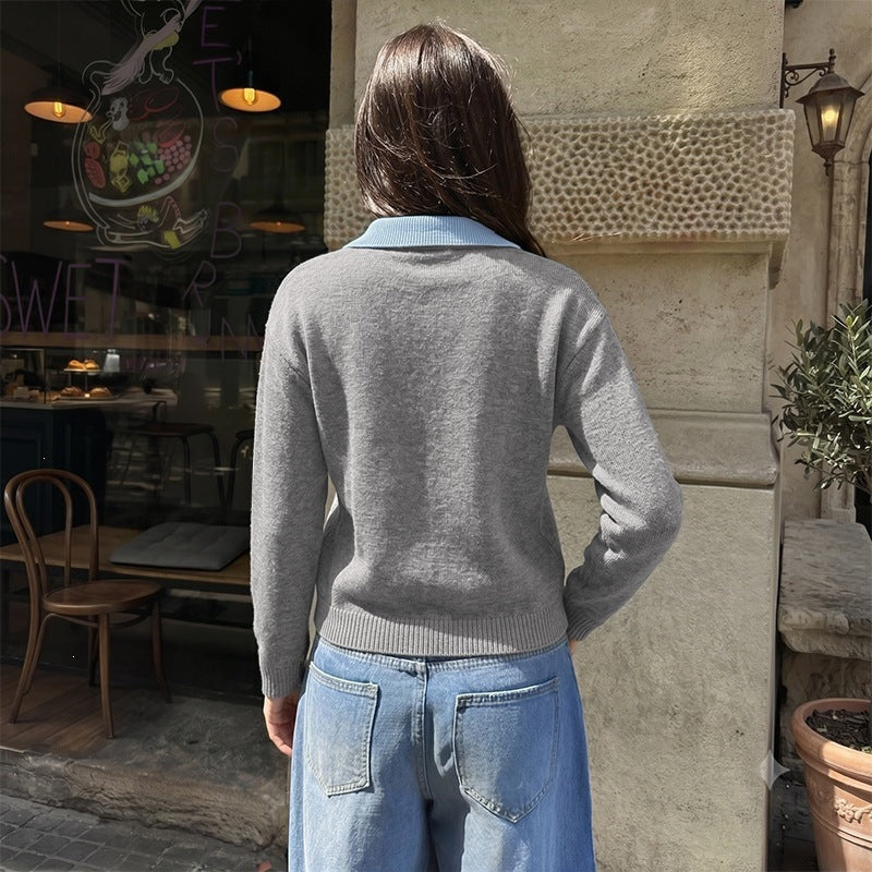 Women's Fashionable V-Neck Sweater with Collar Mune Fashion