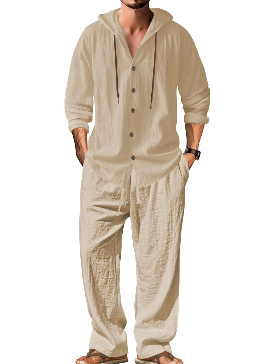 Men's casual hoodie shirt with continuous button placket, decorative drawstring, and relaxed fit Mune Fashion