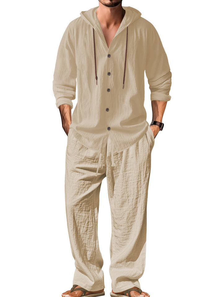 Men's casual hoodie shirt with continuous button placket, decorative drawstring, and relaxed fit Mune Fashion