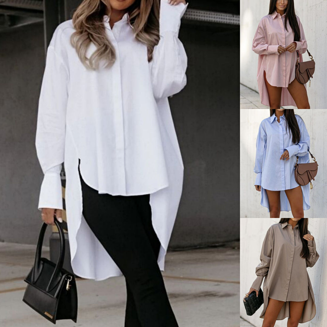 Women's oversized shirt dress with balloon sleeves, concealed button placket, and high side slits Mune Fashion