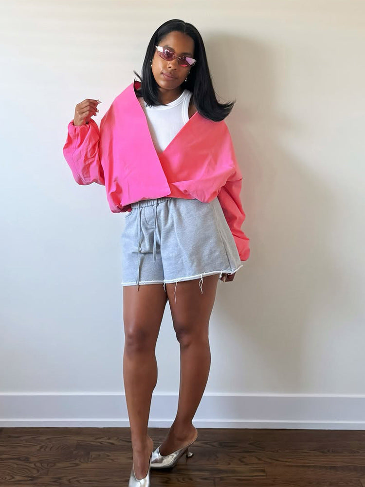 Women short cut oversized wrap jacket with balloon sleeves Mune Fashion