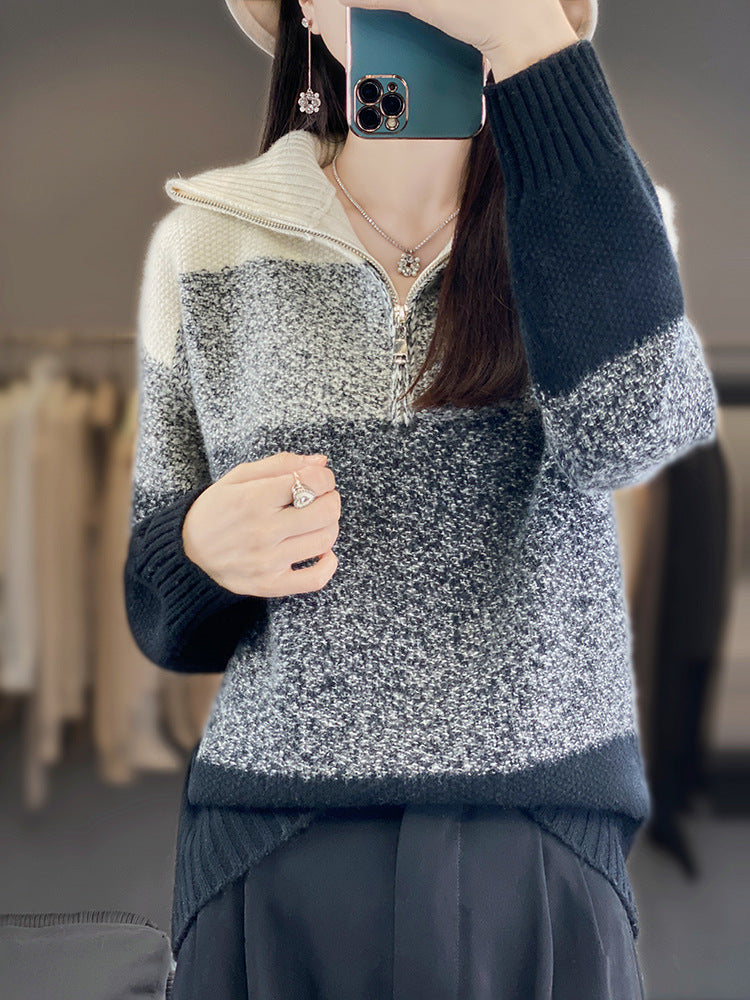 Women's Oversize Knit Sweater with Half Zip, Mélange Block Stripes and Soft Pile Mune Fashion
