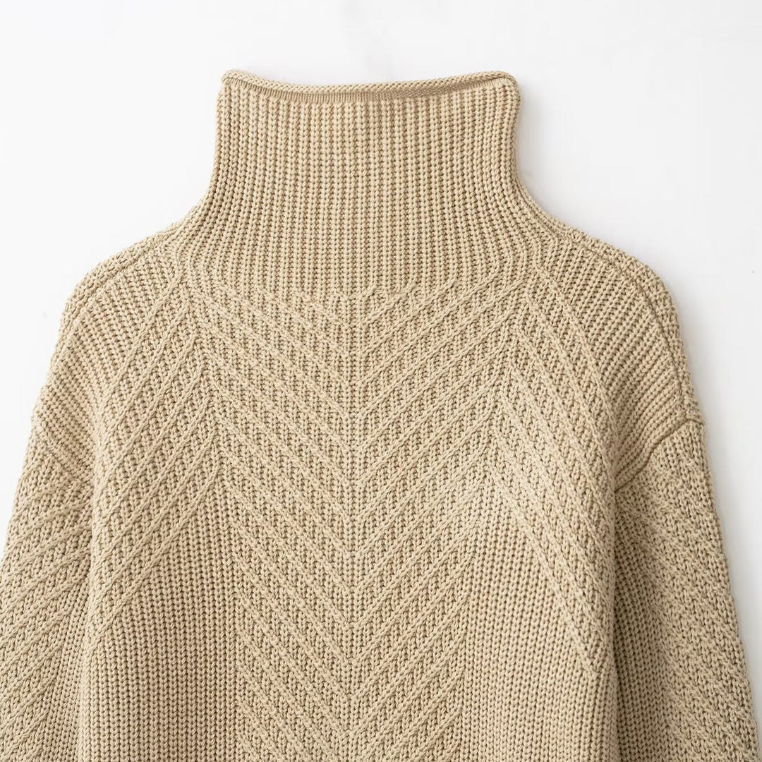 Ladies chunky knit pullover with half zipper and high stand-up collar Mune Fashion