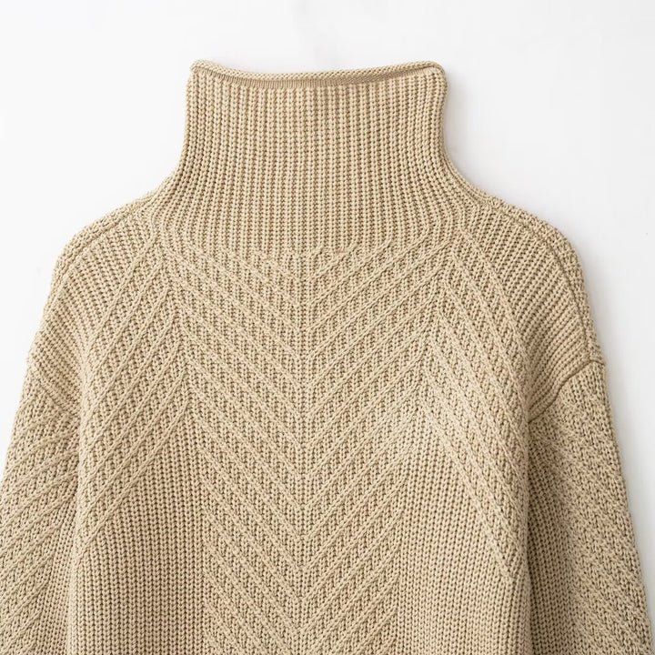 Ladies chunky knit pullover with half zipper and high stand-up collar Mune Fashion