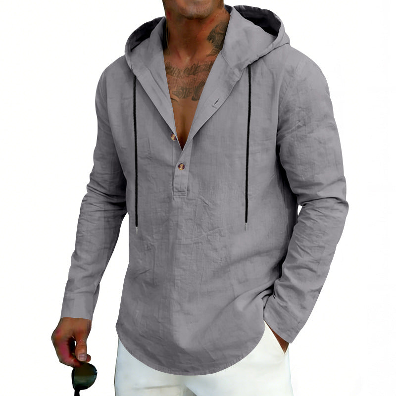 Men's Linen Henley Hooded Shirt with Short Button Placket, Hood, and Relaxed Fit Mune Fashion