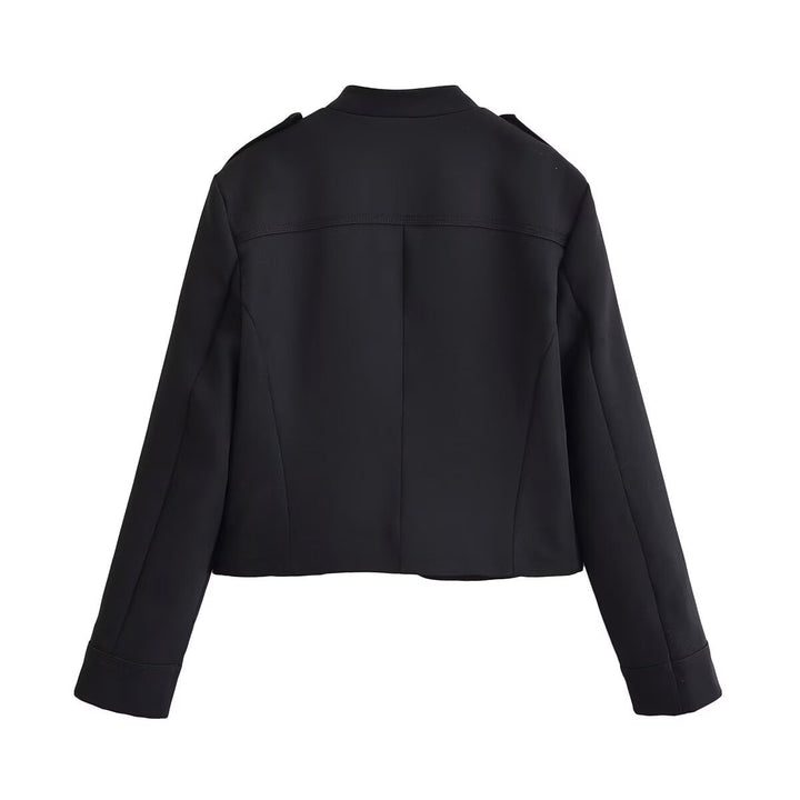 Ladies fitted short jacket in military style with decorative double-button placket, zipper, and shoulder epaulettes Mune Fashion