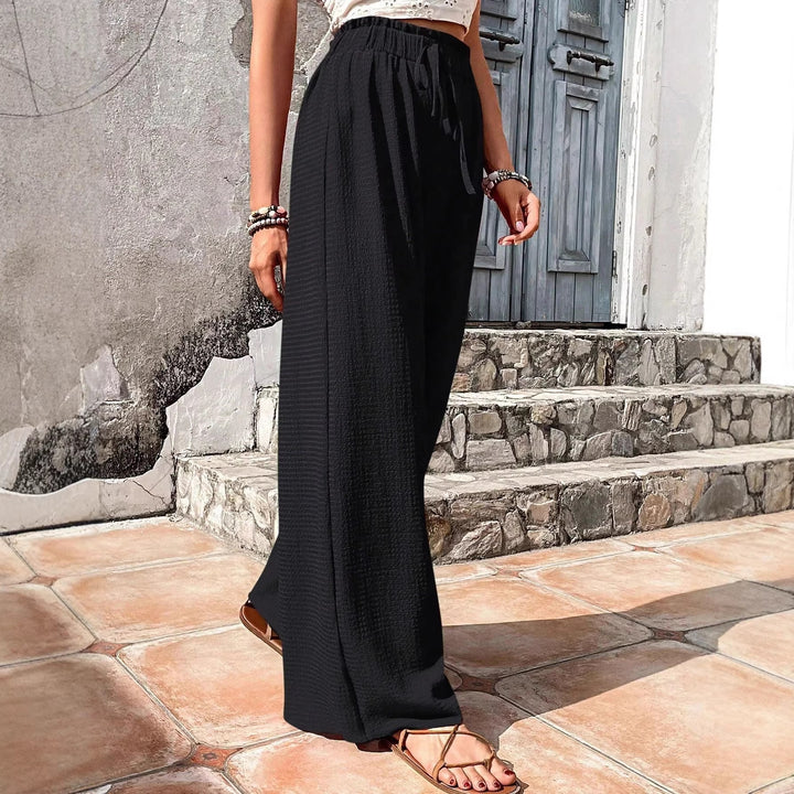 Women Lightweight Palazzo Pants with Crinkle Texture, High Smocked Waist and Drawstring Mune Fashion