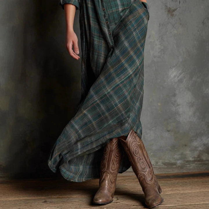 Women's maxi shirt dress in checkered flannel look with button placket and side pockets Mune Fashion