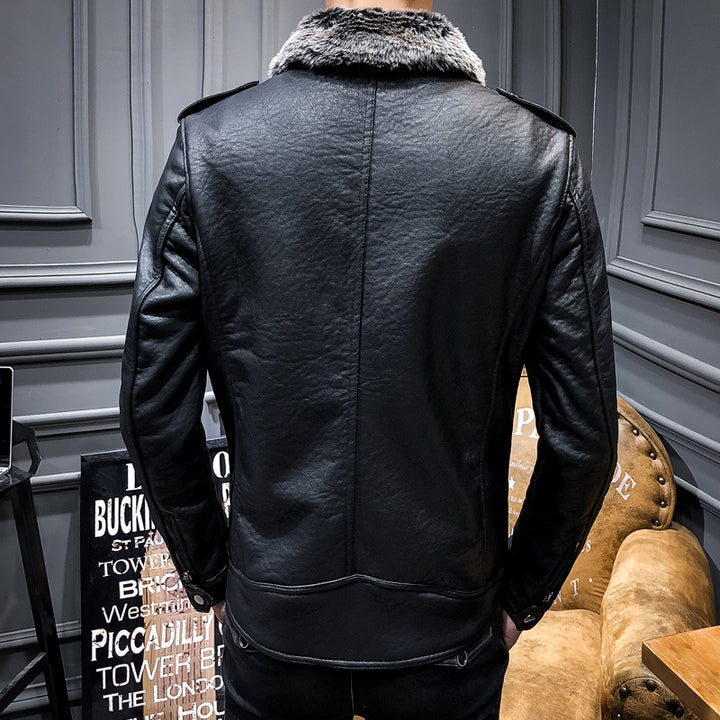 Men's biker leather jacket with faux fur collar and military badges Mune Fashion
