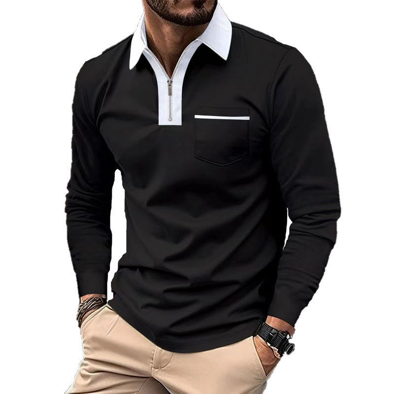 Men's elegant long-sleeve polo shirt with distinctive stand-up collar metal short zip and chest pocket Mune Fashion