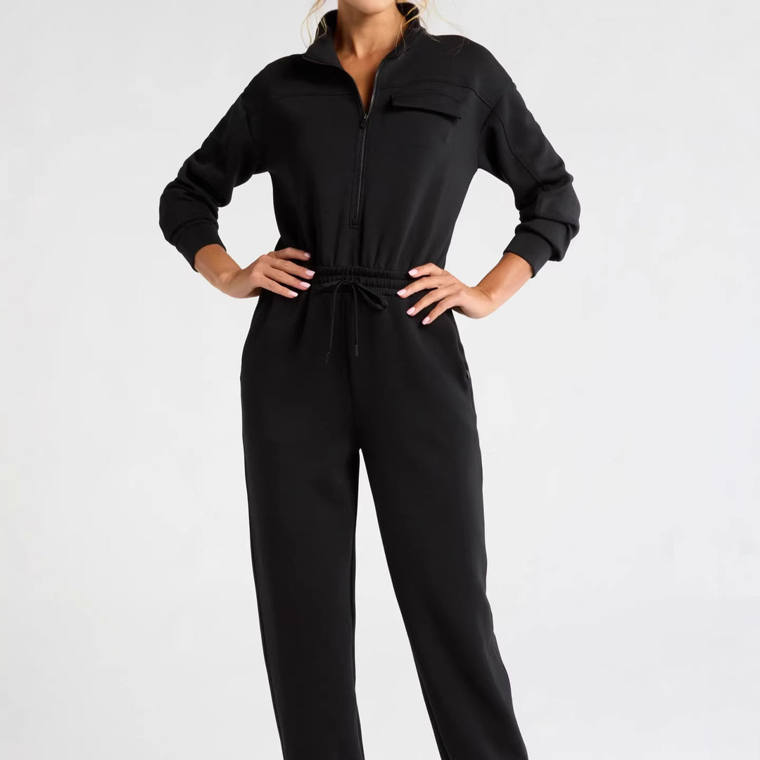 Ladies Fashionable Jumpsuit with Stand Collar and Drawstring
