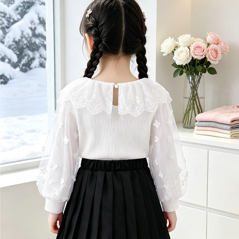 Girl's blouse with floral lace sleeves and ruffle trim Mune Fashion