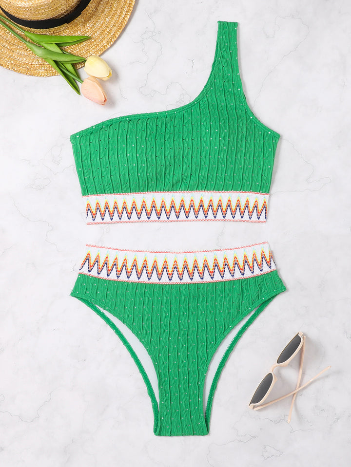 Women One-Sided Crop Bikini with Colorful Jacquard Ribbon Mune Fashion