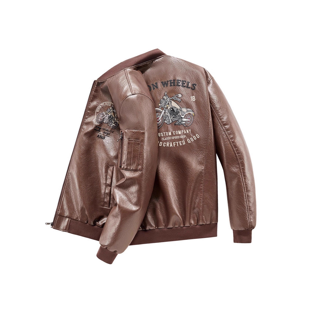 Men's Biker Leather Look Bomber Jacket with Embroidery Patches and Arm Pocket Mune Fashion
