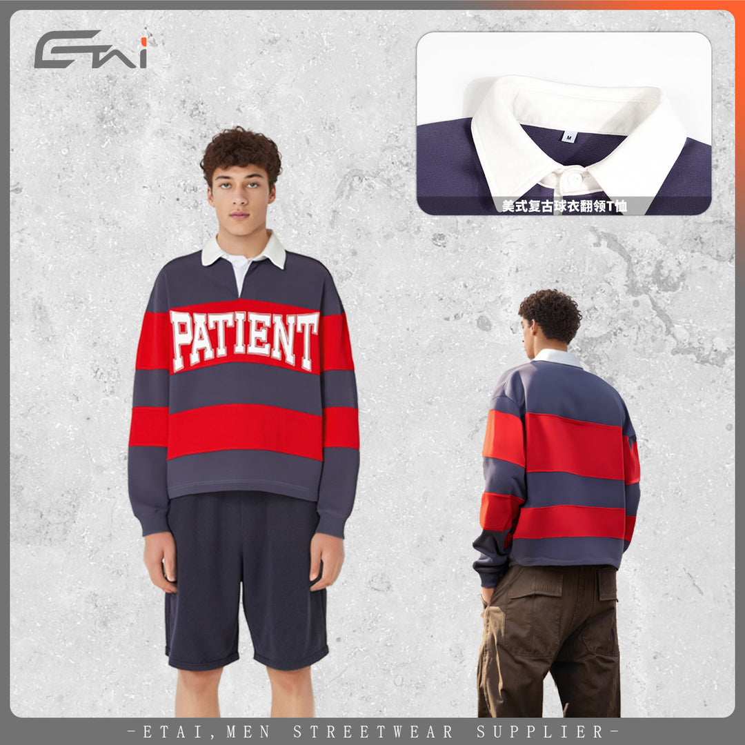 Men Striped Rugby Polo Sweatshirt with Contrast Collar and Oversized Fit Mune Fashion
