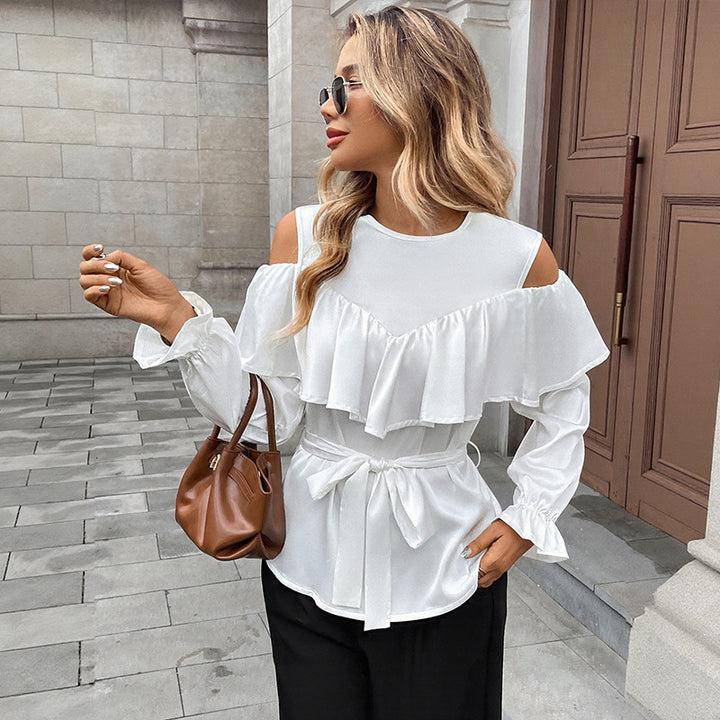 Women Elegant-Ruffle-Blouse with Cut-Out Shoulder and Tie Belt Mune Fashion