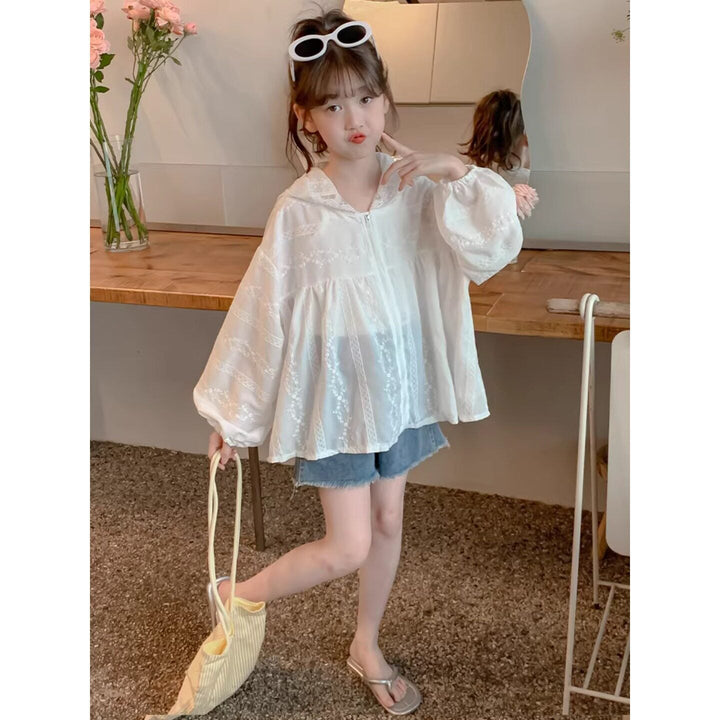 Women's transparent embroidered hoodie blouse with ruffle sleeves Mune Fashion