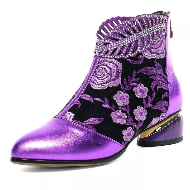 Women's embroidered ankle boots with velvet insert, pearl embellishments, and sculpted block heel Mune Fashion