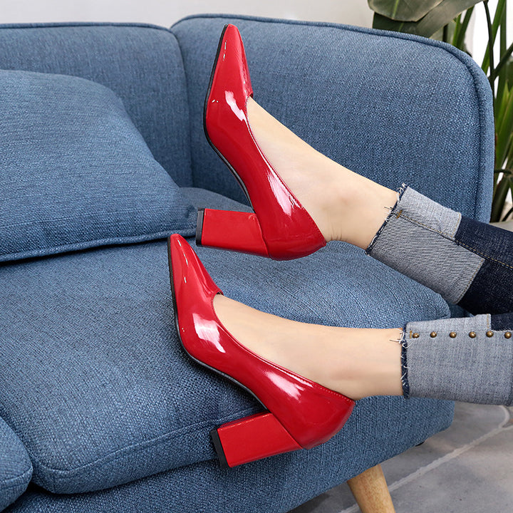 Women's Elegant Patent Pumps with Pointed Toe, Padded Comfort Insole, and Medium Height Block Heel Mune Fashion