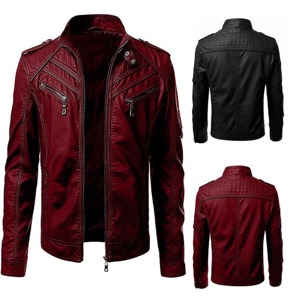 Men's Faux Leather Biker Jacket with Stand-Up Collar, Decorative Stitching and Zipper Pockets Mune Fashion