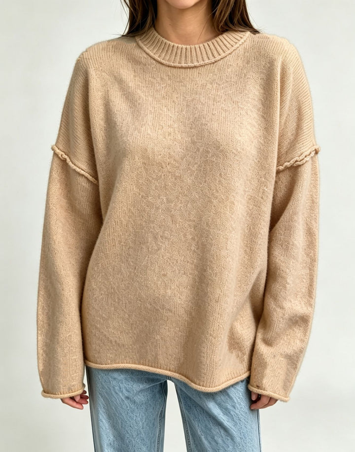 Women Oversize Boxy Sweater with short stand-up collar and decorative edge seam Mune Fashion