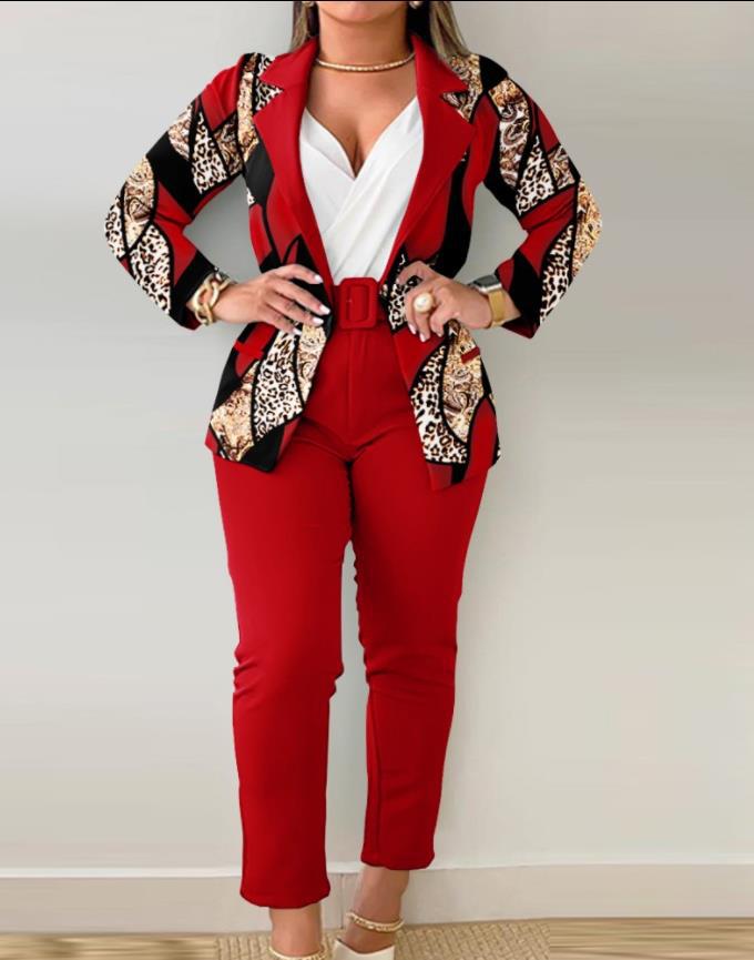 Women's tailoring set with animal print lapel, tailored belt blazer and high-waist slim pants Mune Fashion