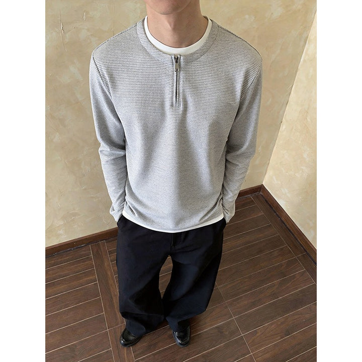 Men's Structured Long Sleeve Pullover with Half Zipper and Contrast Trim Mune Fashion