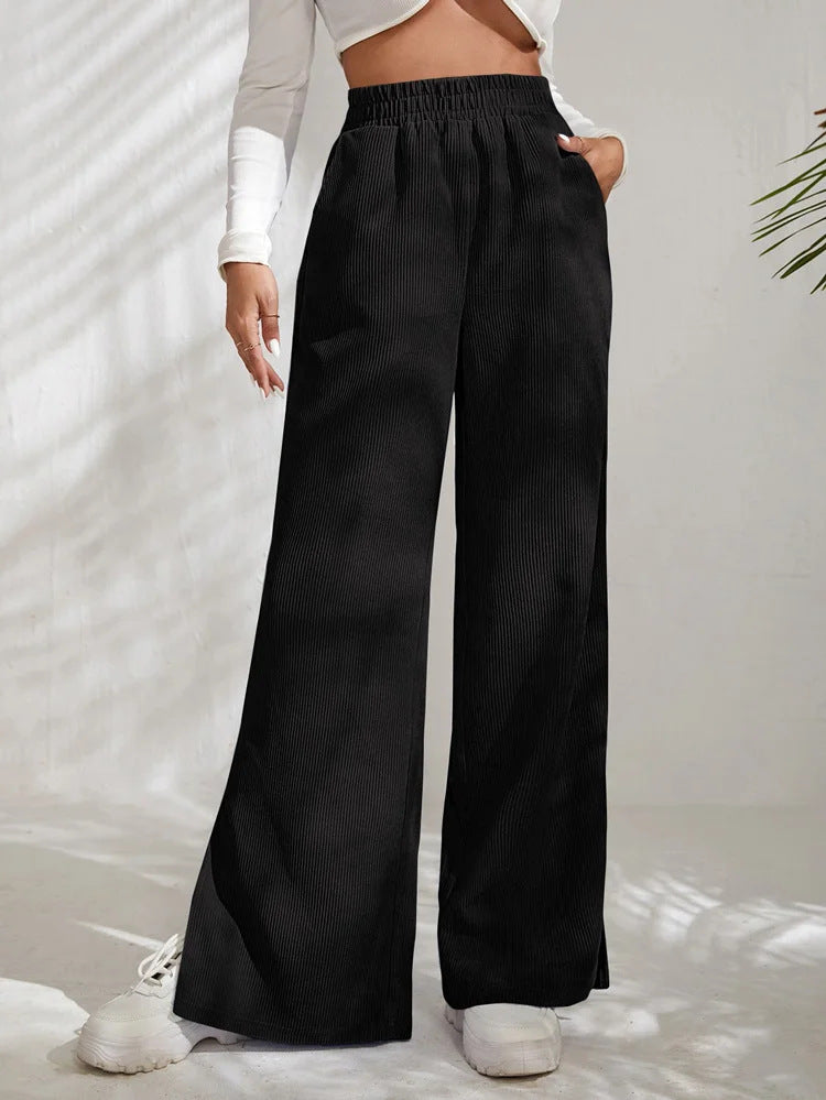 Women's Wide High-Waist Corduroy Lounge Pants with Elastic Waistband and Side Slits Drune