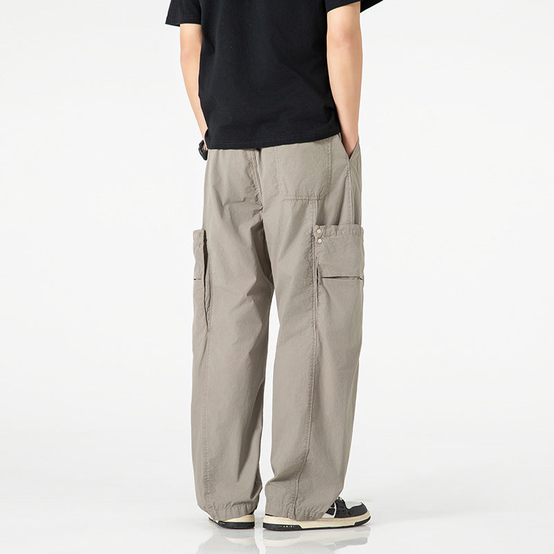 Men's Wide Nylon Cargo Pants in Utility Style with Side Flap Pockets Drune