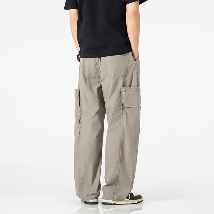 Men's Wide Nylon Cargo Pants in Utility Style with Side Flap Pockets Drune