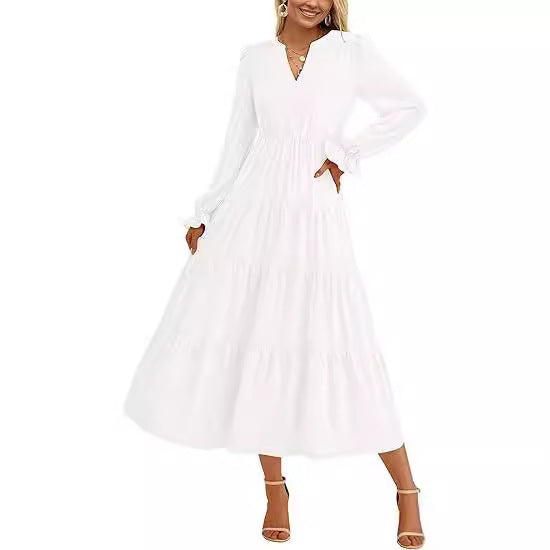 Women's Tiered Midi Dress with V-Neck, Gathered Waist Seam and Ruffle Cuffs Mune Fashion