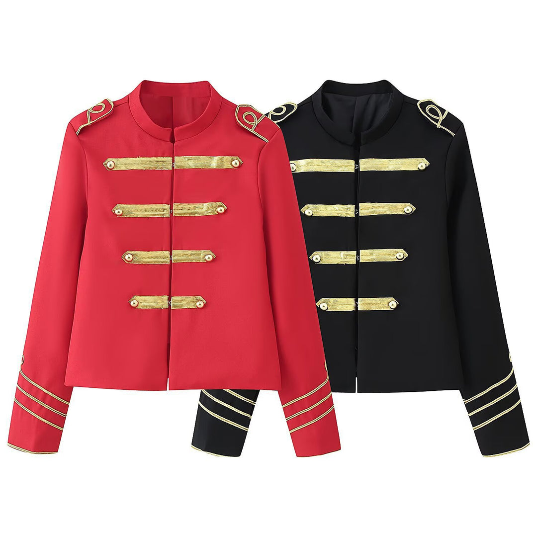 Ladies Cropped Military Jacket with Gold Embroidered Galloons and Stand-up Collar Mune Fashion