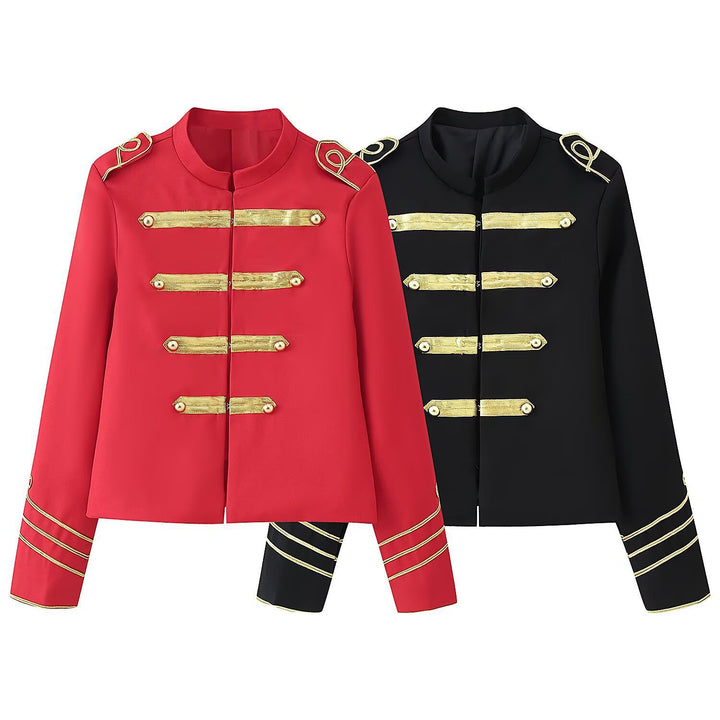 Ladies Cropped Military Jacket with Gold Embroidered Galloons and Stand-up Collar Mune Fashion