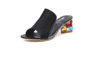 Women's embossed mule with open toe and faceted gemstones on the block heel Mune Fashion