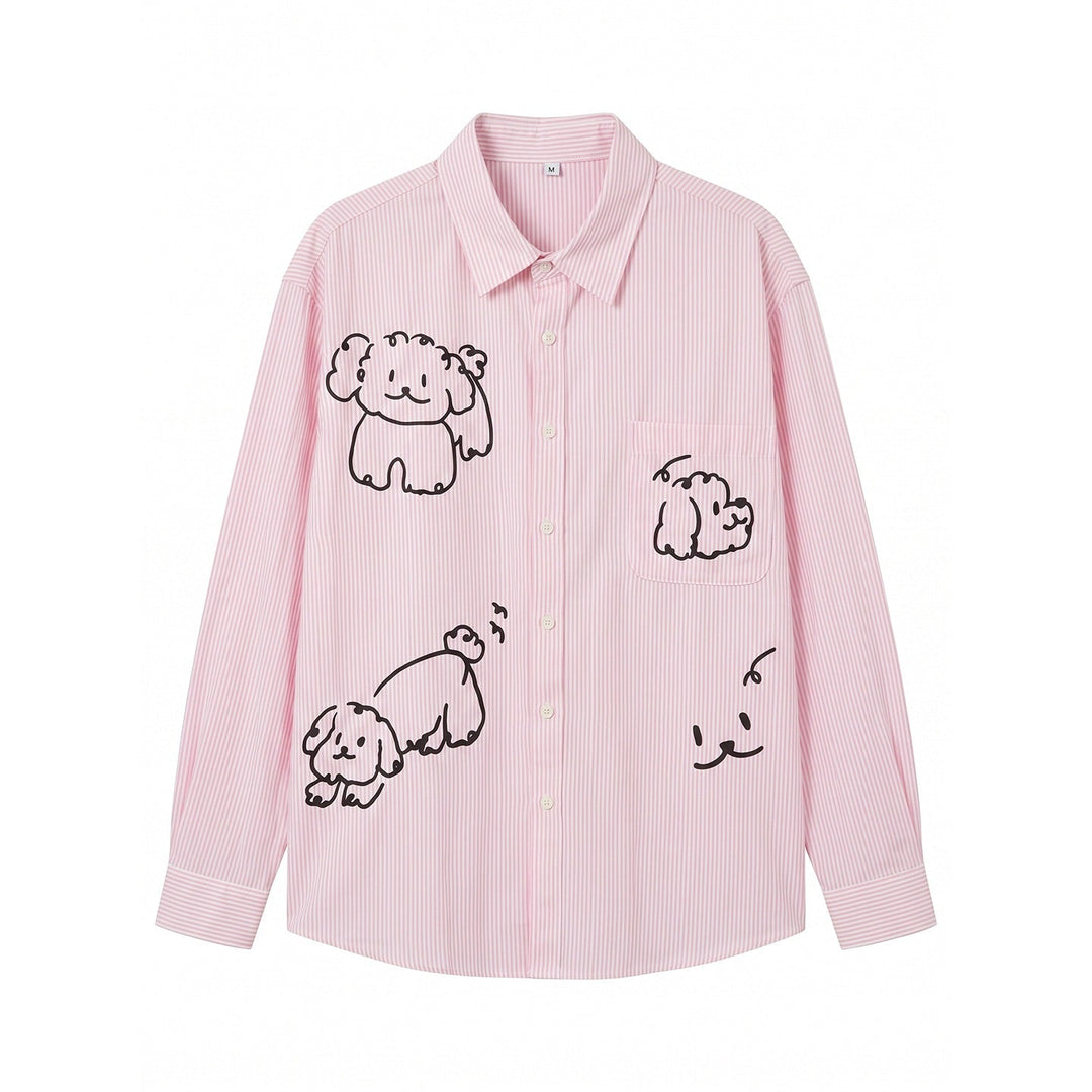 Women's Striped Oversize Shirt Blouse with Doodle Dog Prints and Chest Pocket Mune Fashion
