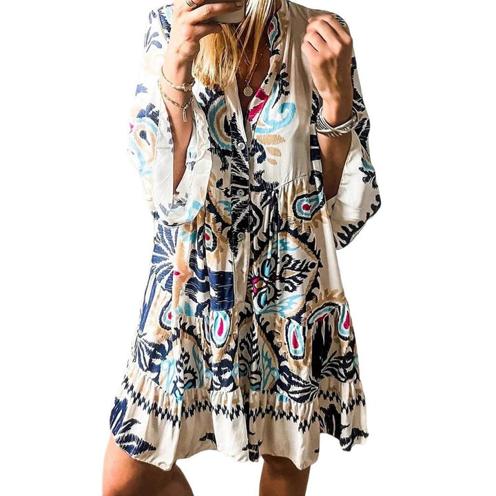 Women's Tiered Shirt Dress with Open Stand Collar, Button Placket and Three-Quarter Bell Sleeves Mune Fashion