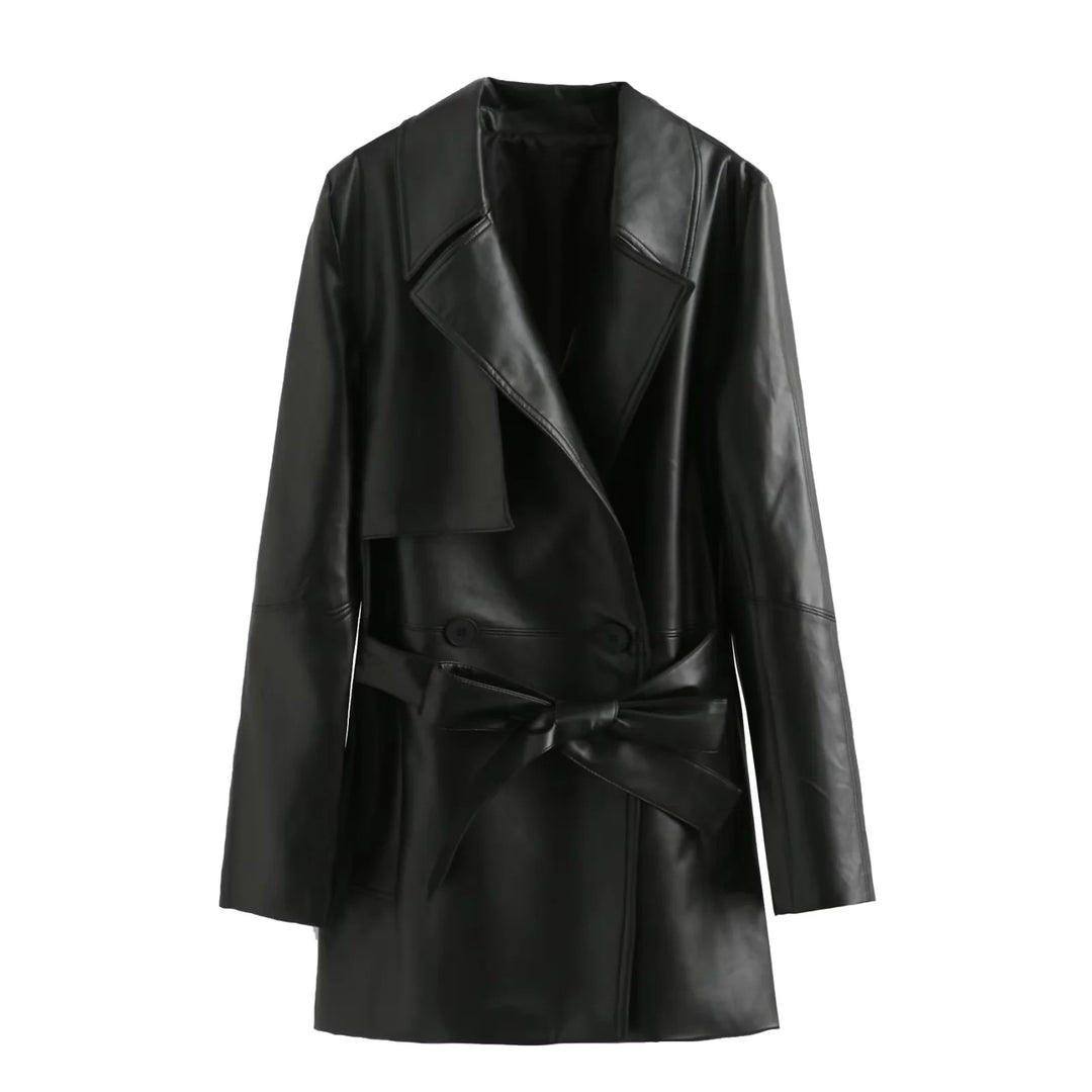 Women's vegan leather trench coat with shawl collar, tie belt and double-breasted Mune Fashion