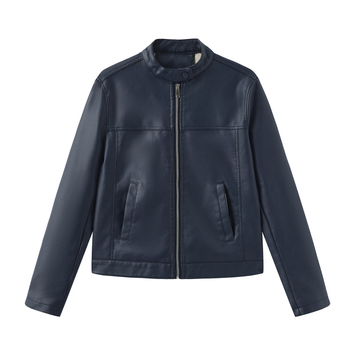 Men's nan minimalist faux leather jacket with stand-up collar, metal zipper, and integrated side pockets Mune Fashion