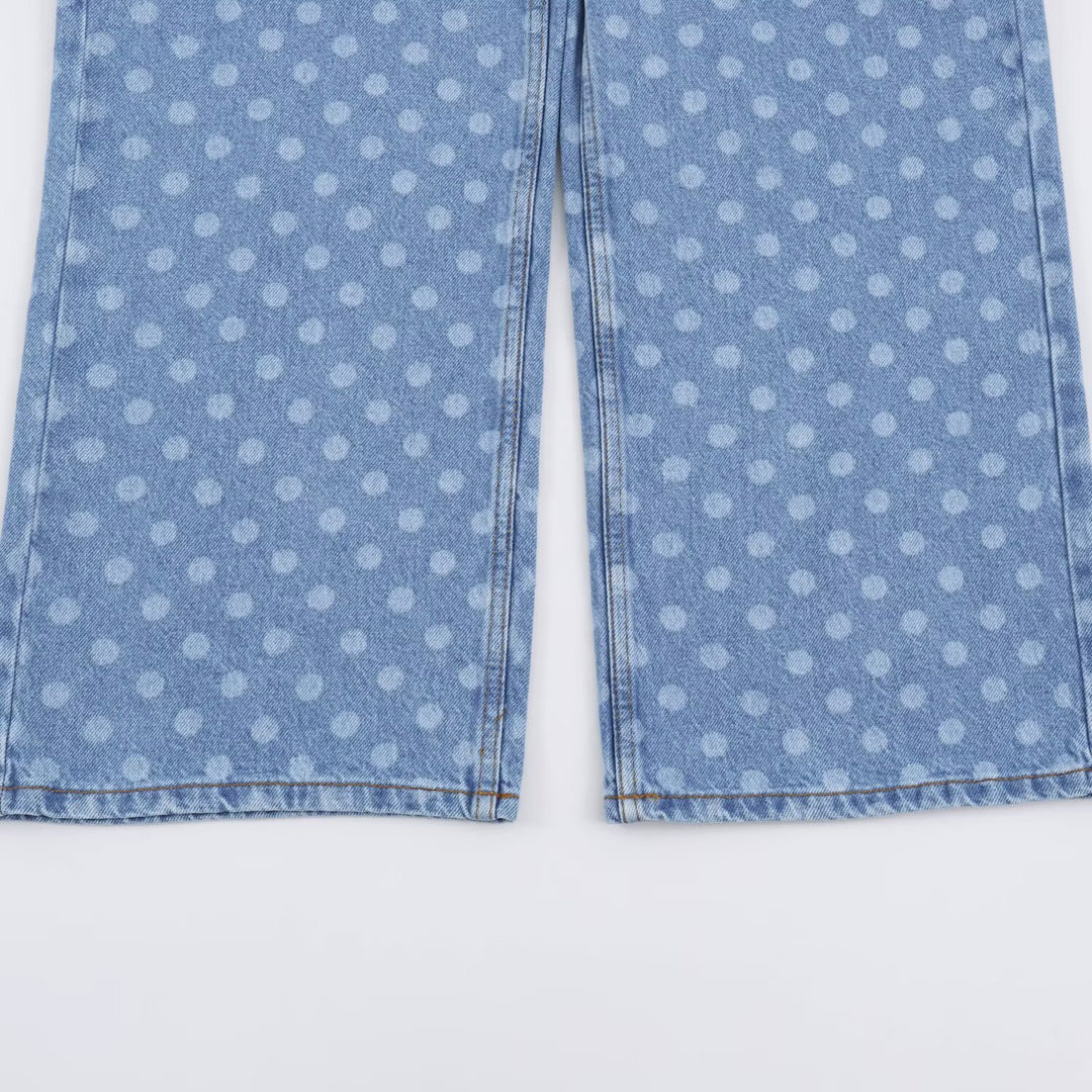 Women Short-Cut Wide-Leg Jeans with Polka Dot Pattern and High Waist Mune Fashion
