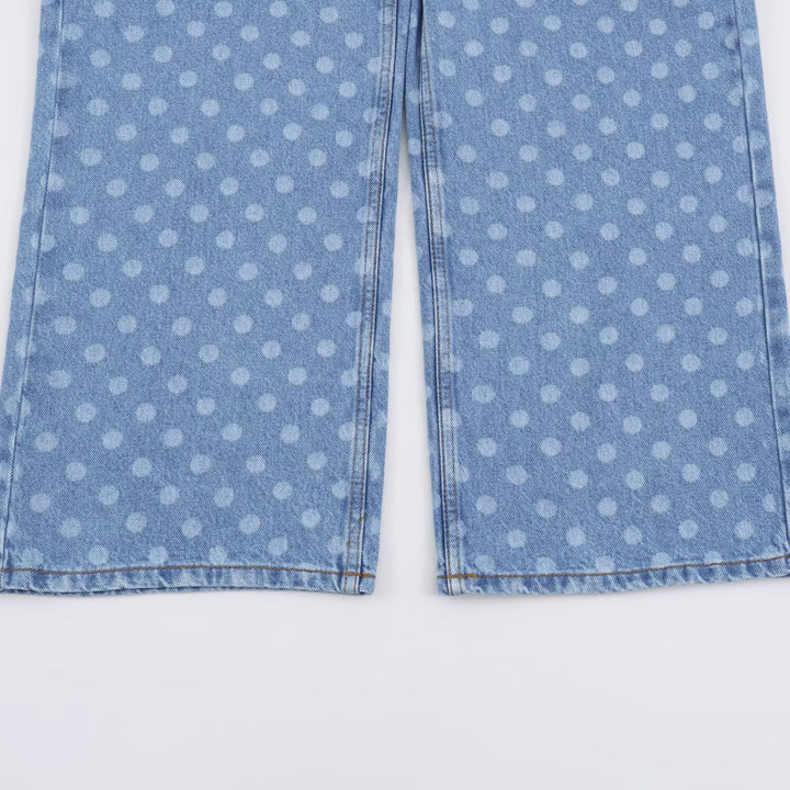 Women Short-Cut Wide-Leg Jeans with Polka Dot Pattern and High Waist Mune Fashion