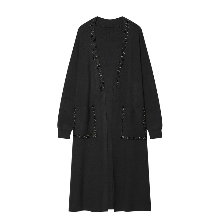 Women's long open cardigan with pearl embellishments and patch pockets Mune Fashion