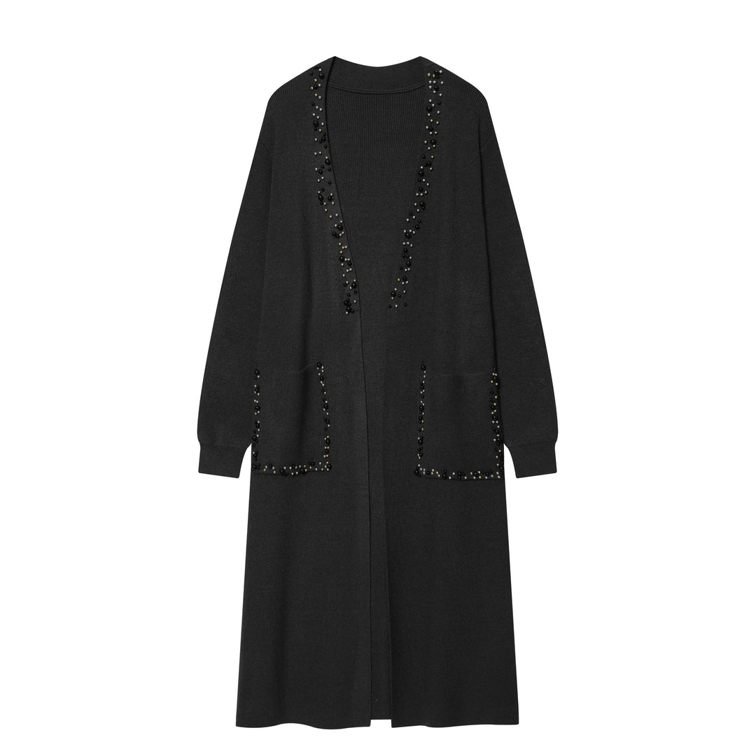 Women's long knitted cardigan with pearl trim and patch pockets Mune Fashion