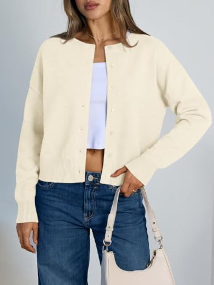 Women's Cropped Cardigan in Boxy Cut with Round Neck and Ribbed Cuffs Drune